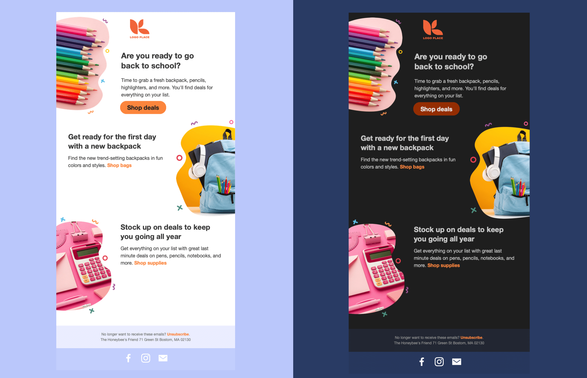 Light and dark mode versions of the same email in outlook