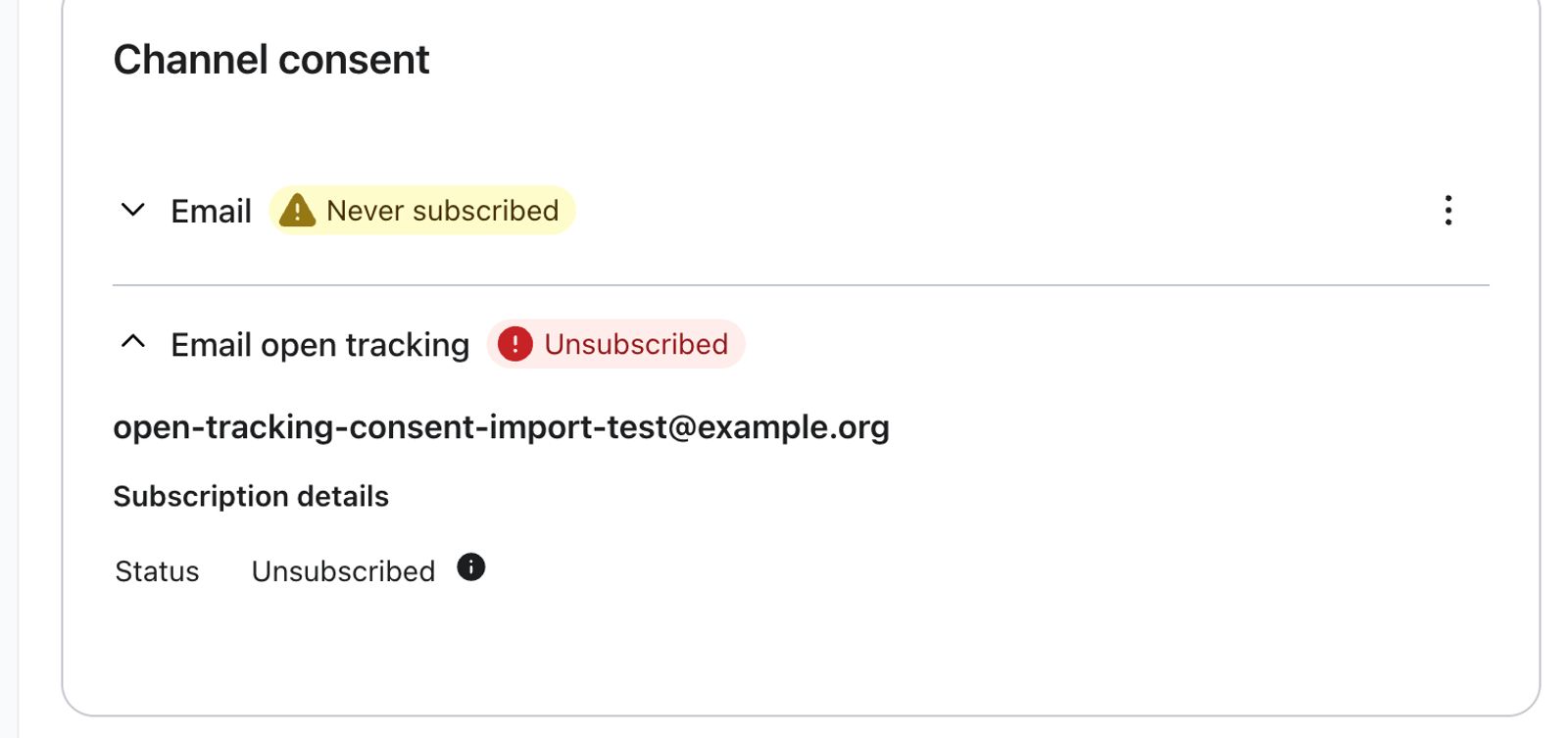 Écran de consentement au canal affichant « Jamais abonné » pour les e-mails et « Désabonné » pour le tracking d’ouverture des e-mails et le statut global pour un exemple d’adresse e-mail.