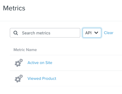 Metrics tab in Klaviyo filtered by API showing Active on Site and Viewed Product in list with gear icons