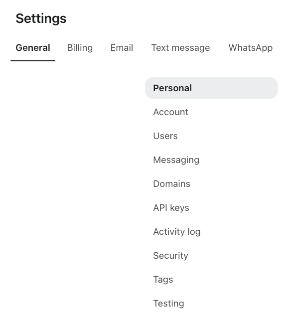 A settings screen showing the General tab selected, with Personal highlighted in the sub-menu.