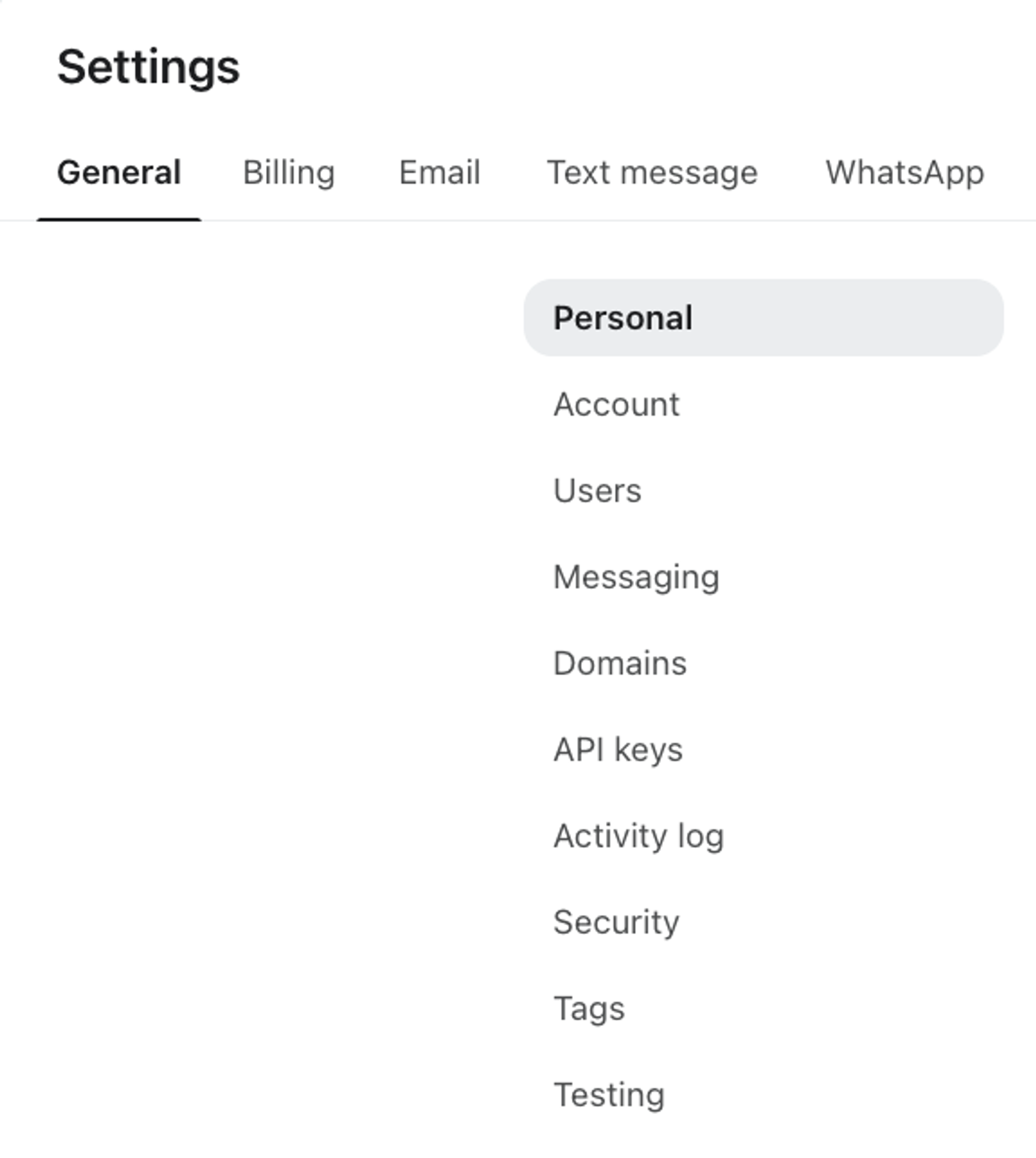A settings screen showing the General tab selected, with Personal highlighted in the sub-menu.