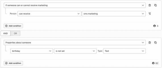 Segment of profiles with SMS consent but not a birthday