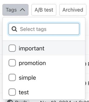 Tags filter dropdown showing an account's tagging options: important, promotion, simple, test