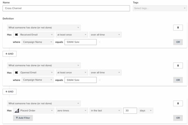 Cross-channel segment in Klaviyo segment builder