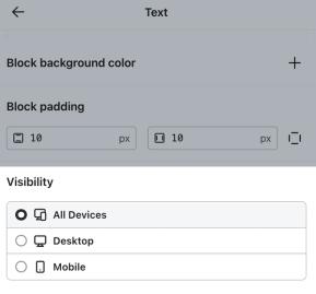 The editing menu for a text field in a form showing the Visibility setting configured to show on all devices.