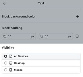 The editing menu for a text field in a form showing the Visibility setting configured to show on all devices.