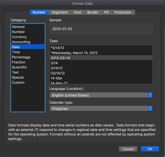 Excel's date format options menu