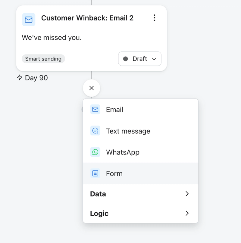 A workflow builder showing an email step and an open menu offering Email, Text message, WhatsApp, Form, Data, and Logic actions.