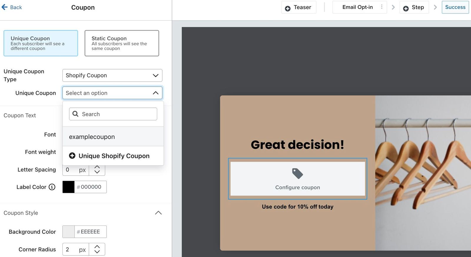 The Coupon menu opened in the sign-up form editor showing a unique coupon type selected.