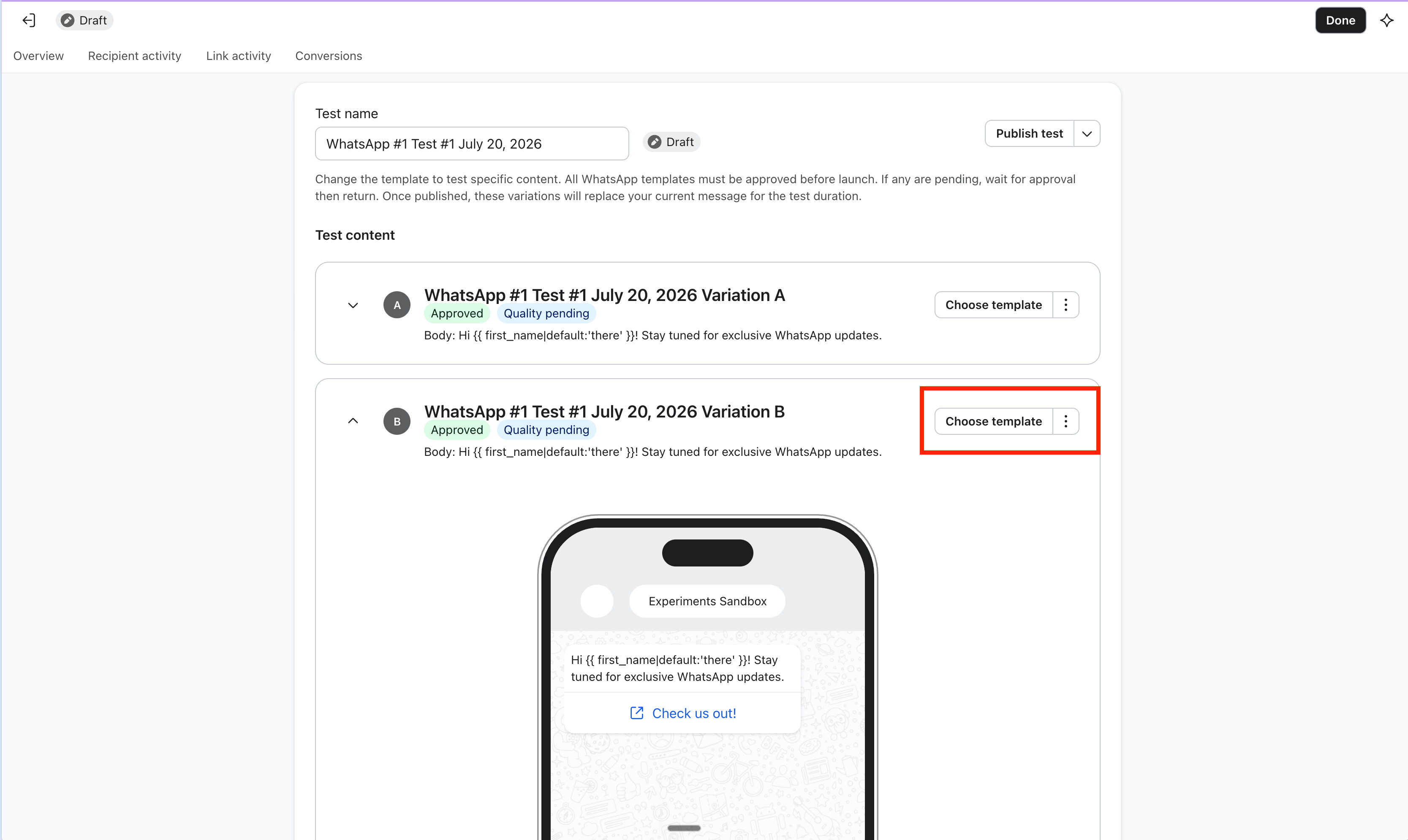 A web interface for WhatsApp message A/B testing, with a red box highlighting the 'Choose template' button for Variation B.