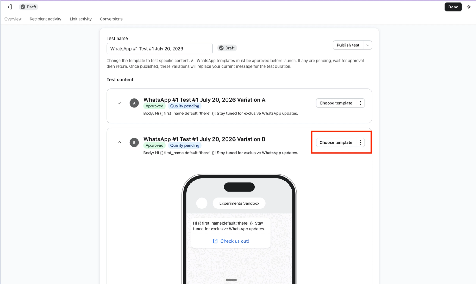 WhatsApp 메시지 A/B 테스트용 웹 인터페이스이며, 버전 B의 '템플릿 선택' 버튼이 강조 표시된 빨간색 상자가 있습니다.