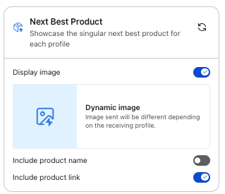 A "Next Best Product" settings card with options for dynamic image, product name, and link, showing current toggle states.