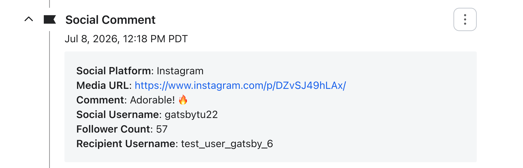 Social comment from Instagram user gatsbytu22 ("Adorable! 🔥"), with 57 followers, posted on July 8, 2026, at 12:18 PM PDT, to test_user_gatsby_6.