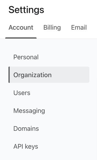 The Organization tab selected from the side navigation menu on the Account settings page.