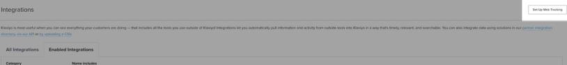 Inside of the integrations page in settings, the upper right button for setup web tracking is highlighted