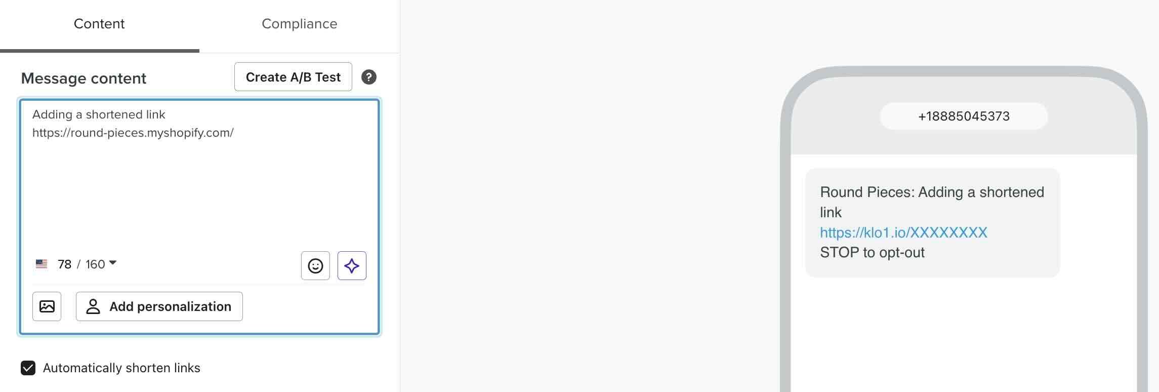 Example of a Klaviyo shortened link