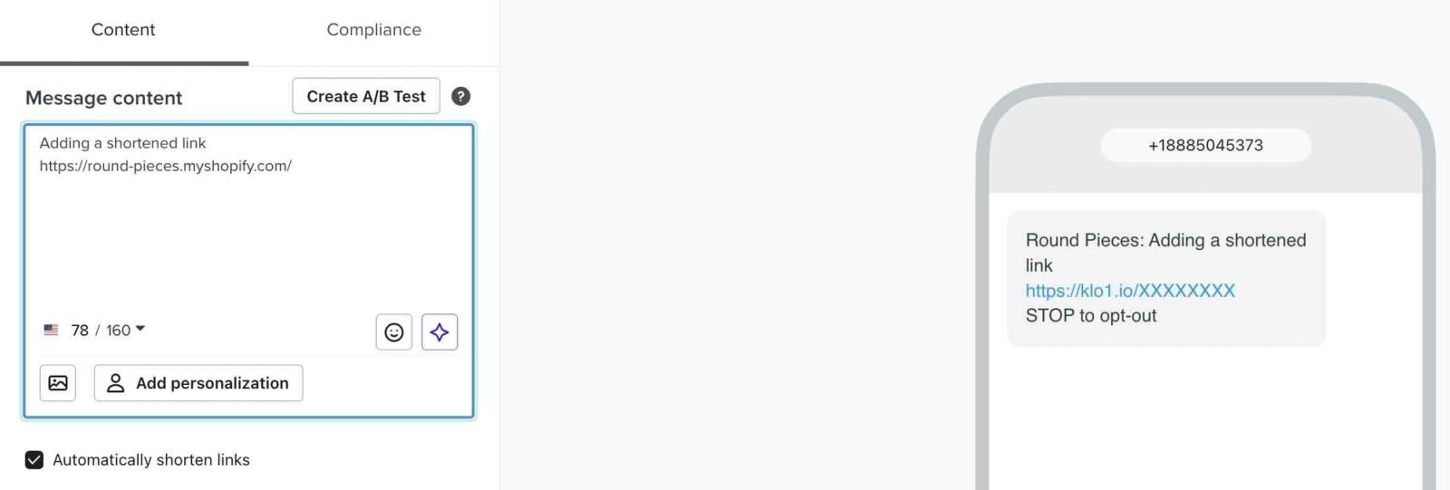 Example of a Klaviyo shortened link
