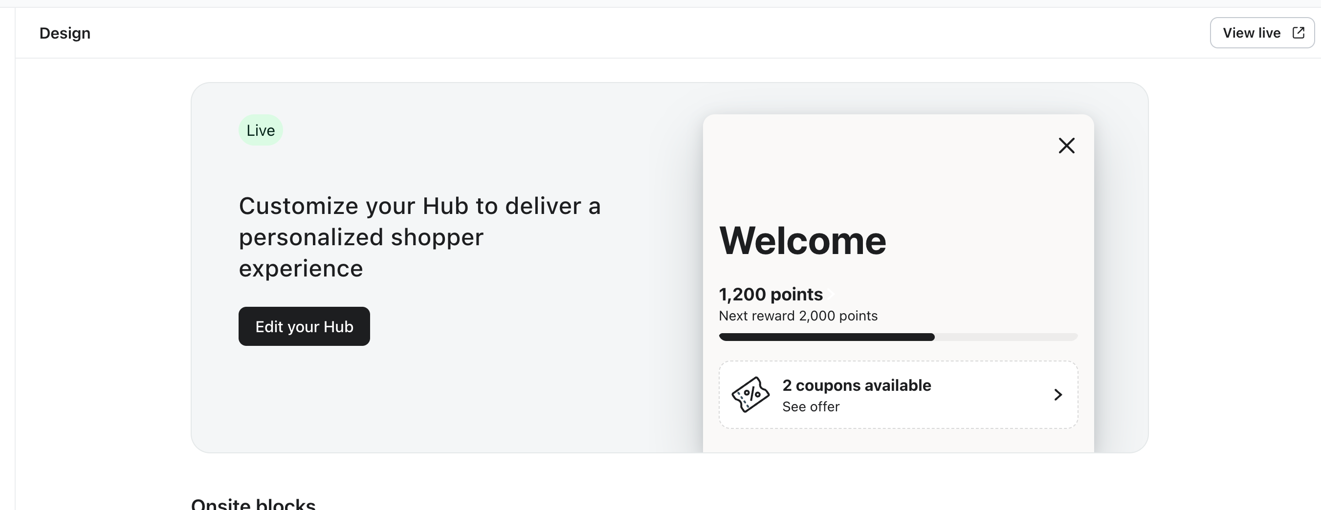 A web interface showing a "Live" section to customize a personalized shopper experience and a "Welcome" pop-up displaying user points and coupons.