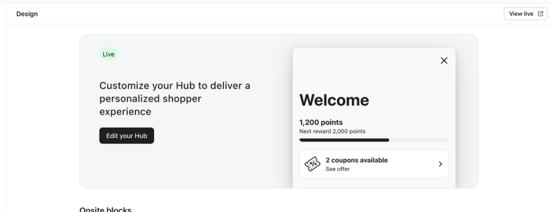 A web interface showing a "Live" section to customize a personalized shopper experience and a "Welcome" pop-up displaying user points and coupons.