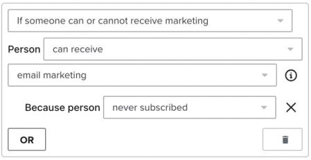 Filter for 'person can receive email marketing' and never subscribed