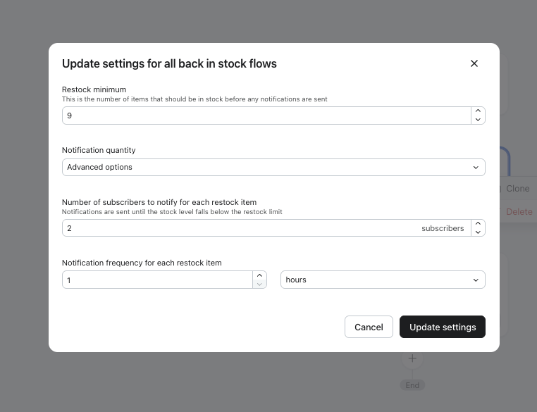 A modal titled "Update settings for all back in stock flows" showing options for restock minimum (9), notification quantity, number of subscribers to notify (2), and notification frequency (1 hour).
