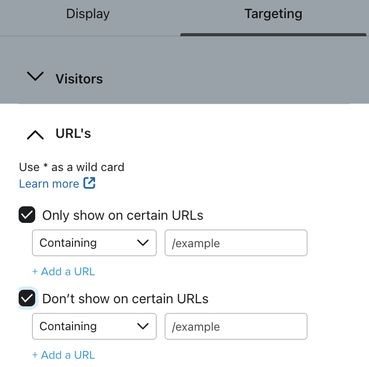 The URL's section of the Targeting menu with both options checked off to Only show on certain URLs and Don't show on certain URLs.