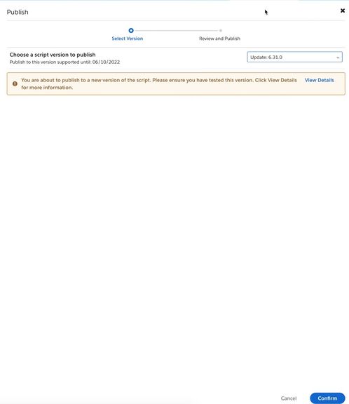 A modal that will appear from the right sidebar to publish your website cookies with confirm button in lower right corner