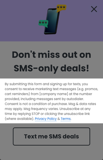 Tap-to-text form highlighting the disclosure language