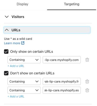 The URLs section of the targeting menu highlighted and showing an example definiton.