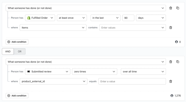 A segment of people who have ordered a certain product in the last 90 days but haven't ever left a review