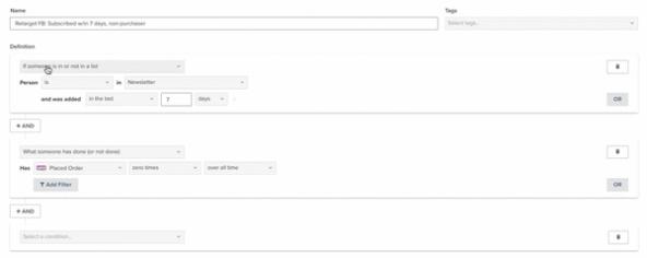 Recent subscribers segment in Klaviyo segment builder
