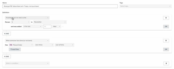 Recent subscribers segment in Klaviyo segment builder