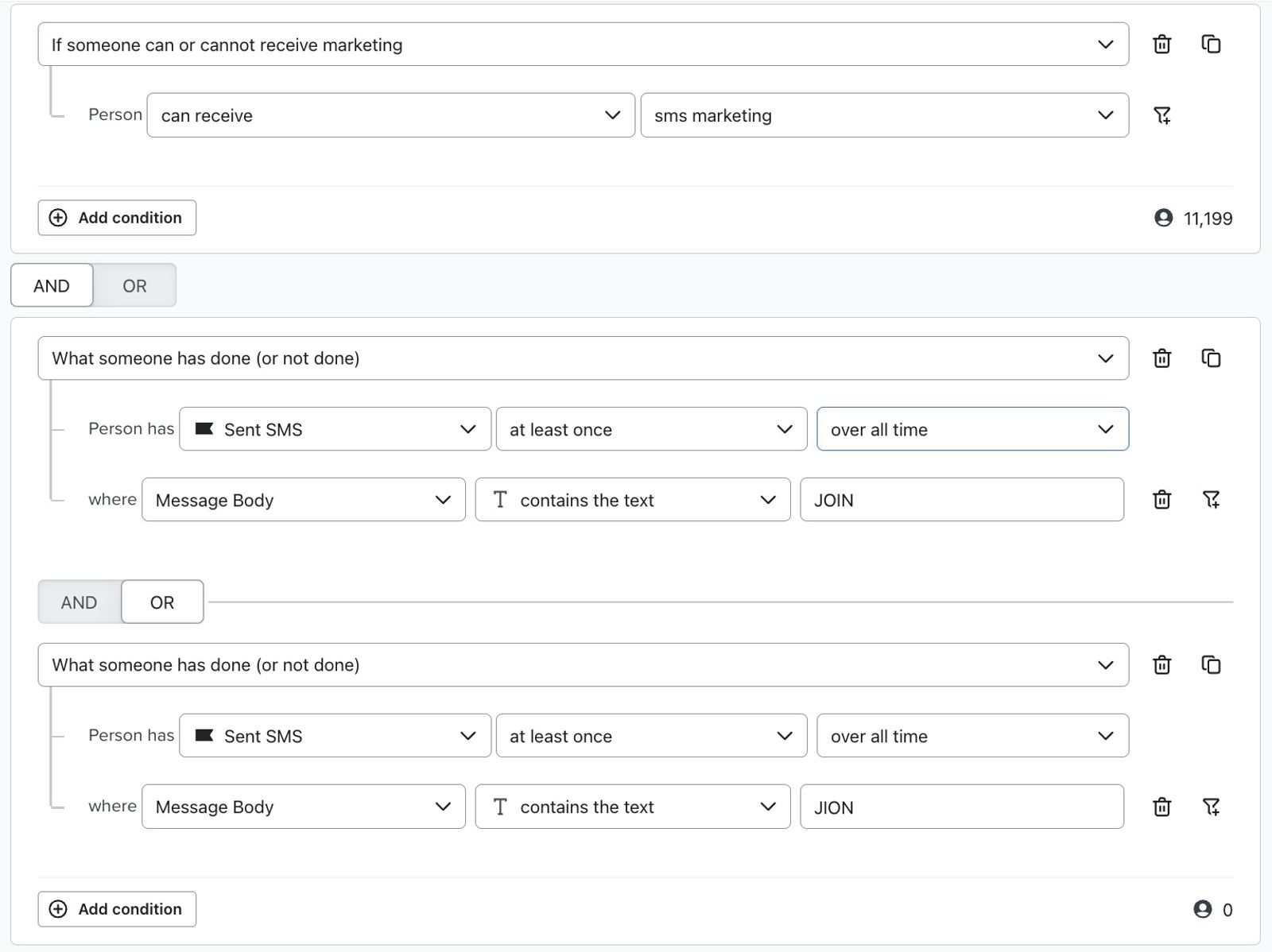 Segment of profiles that have sent the keyword JOIN