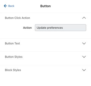 The Button menu that appears along the left when you select a button in the preview form, and where you can edit various button function and style settings.