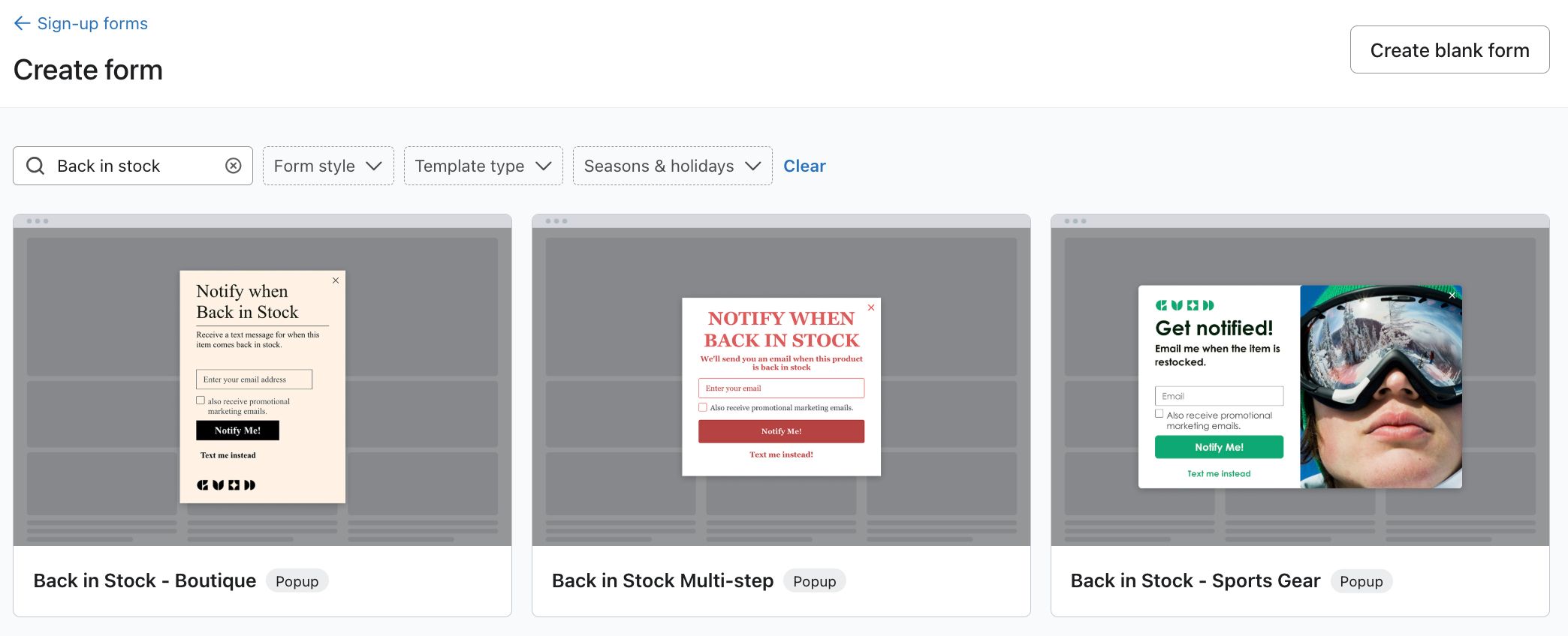 Three Back in Stock popup form templates displayed for selection on the Create Form page.
