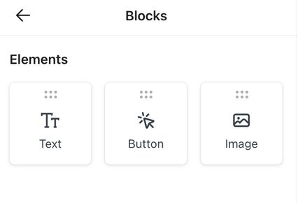 The Blocks tab in the Klaviyo form editor showing the 3 block options: text, button, and image. 