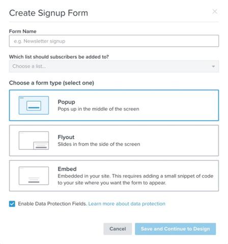 Signup form creation modal with Enable Data Protection Fields checkbox