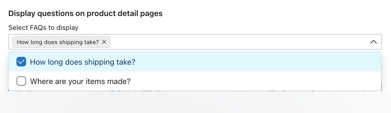 The Display FAQs on product detail pages menu in Klaviyo showing the selection dropdown open and one FAQ selected.