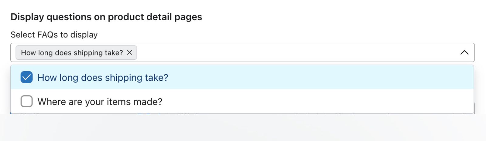 The Display FAQs on product detail pages menu in Klaviyo showing the selection dropdown open and one FAQ selected.