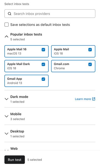 Klaviyo screen to select multiple inbox providers for email testing, with popular inboxes checked.