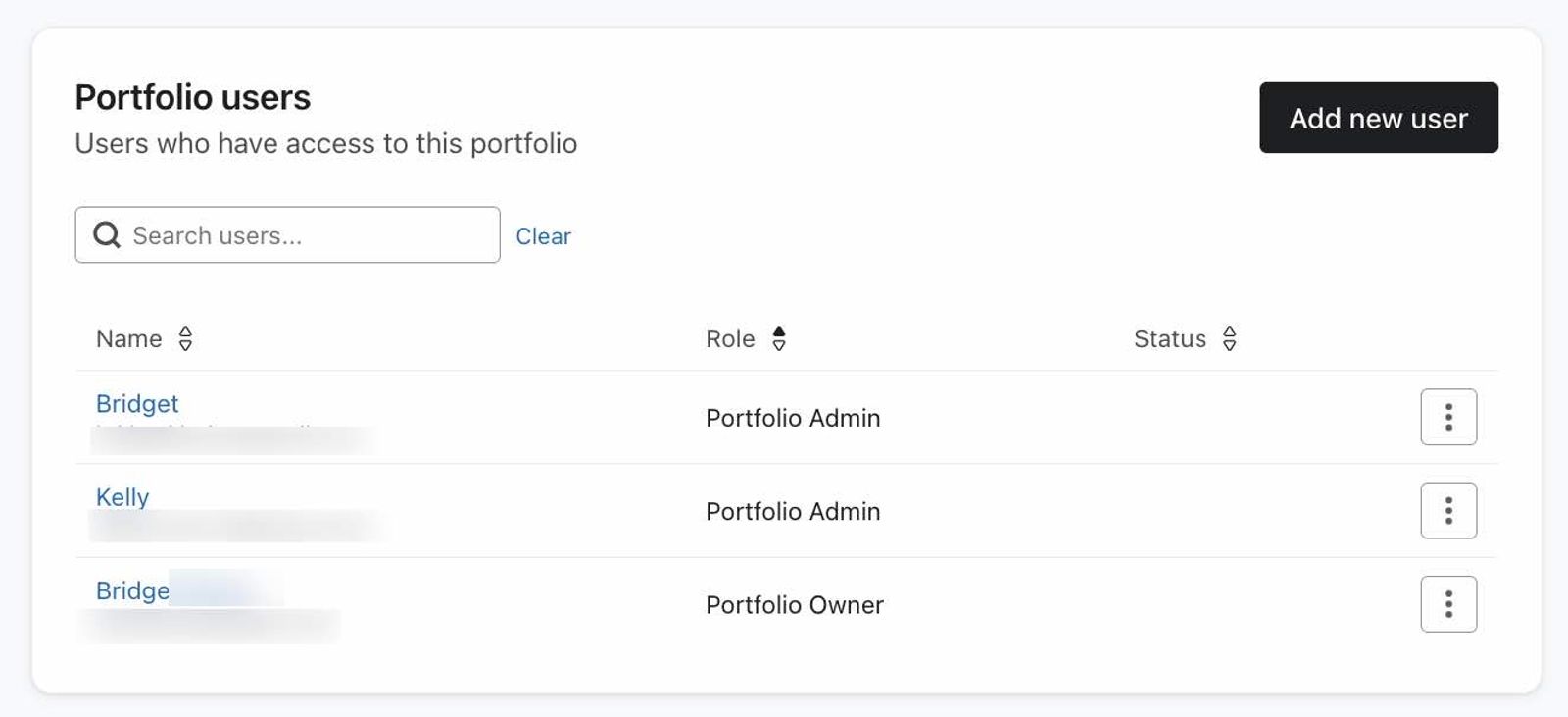 The User's tab in a portfolio, showing the button to add a new user