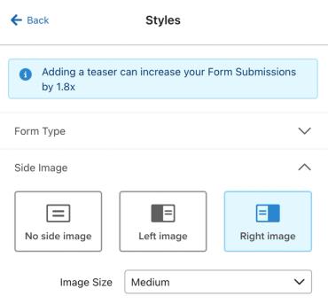 The Side Image section of the Styles tab showing an example form's side image set to display on the Right.