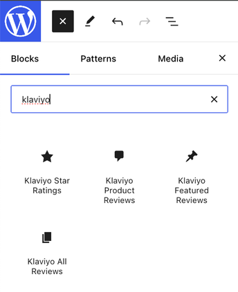 The Klaviyo section of the Wordpress visual editor blocks menu