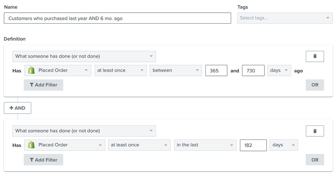 Example segment with profiles that have placed at least one order in last 365 to 730 days and placed order within last 182 days