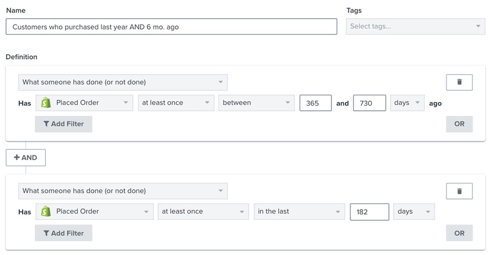 Example segment with profiles that have placed at least one order in last 365 to 730 days and placed order within last 182 days