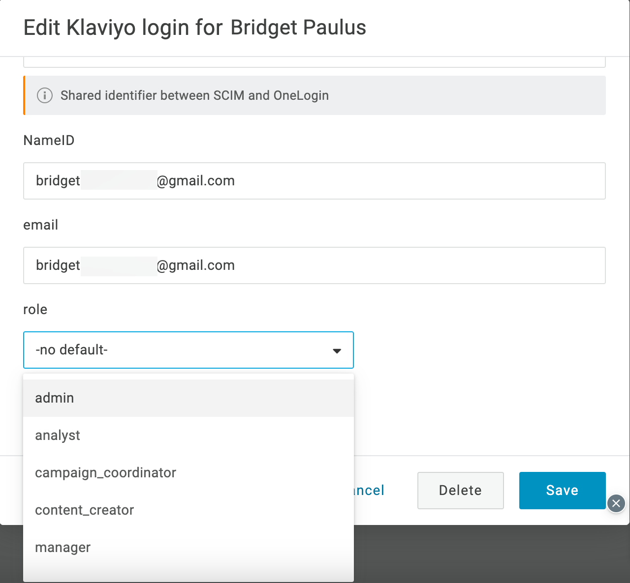Selecting a Klaviyo role for a user