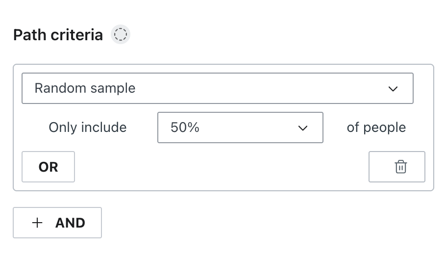 Path criteria UI showing a random sample selection to include 50% of people.