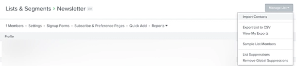 Manage List dropdown where you can select Import Contacts