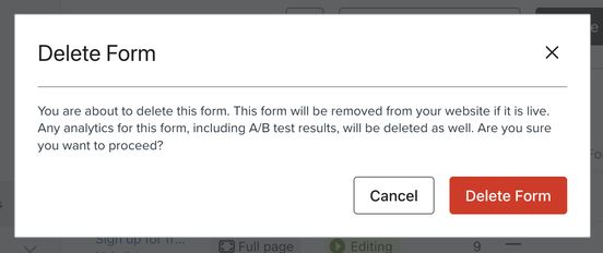 The Delete Form modal where you can delete a form permanently from your account.