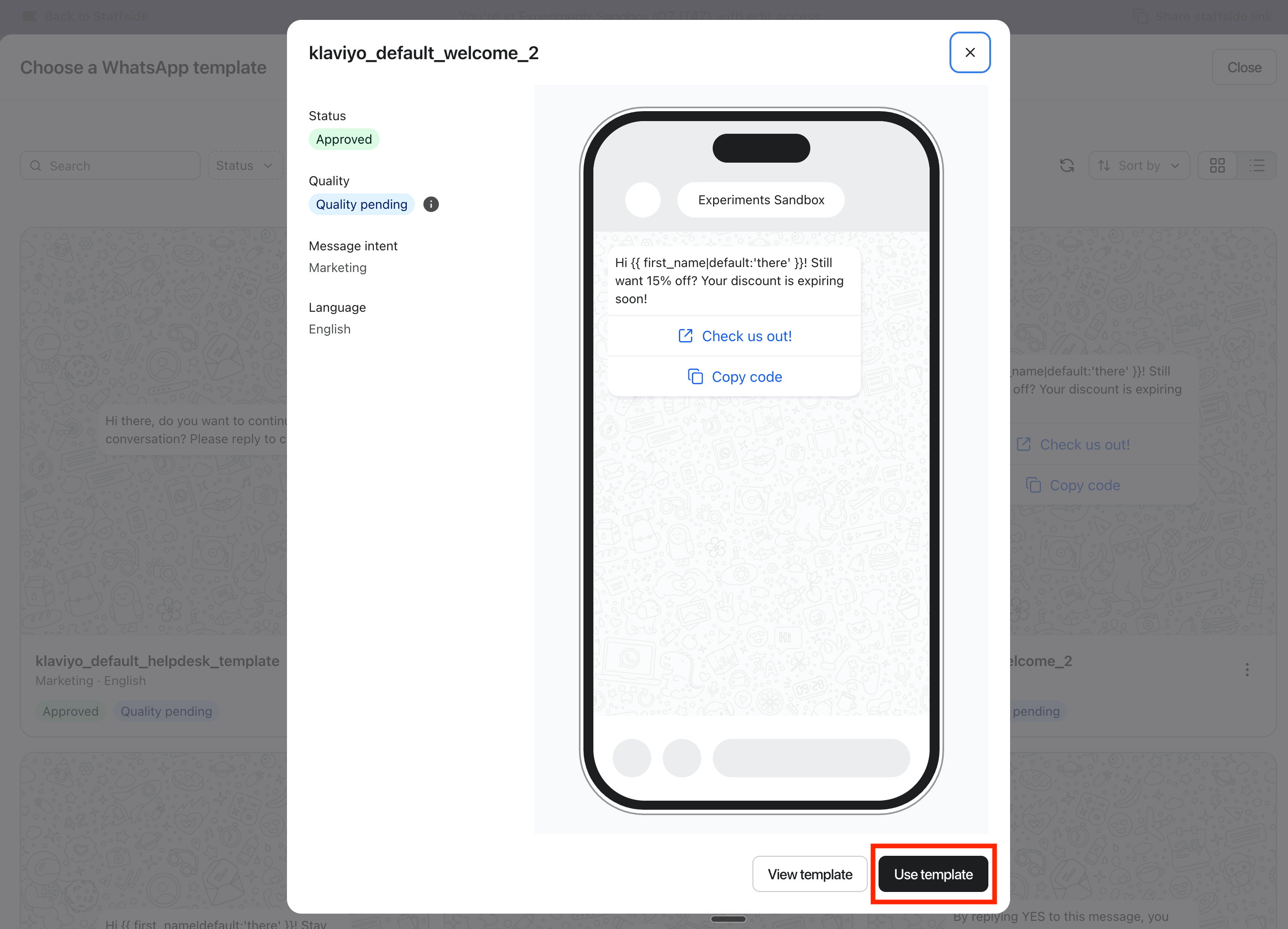 A pop-up displaying a WhatsApp message template with a mobile preview of a discount offer and a highlighted 'Use template' button.